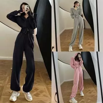 2024 осень и зима новый свитер с капюшоном повседневные брюки комплект из двух предметов модная спортивная одежда модный костюм женский M розовый