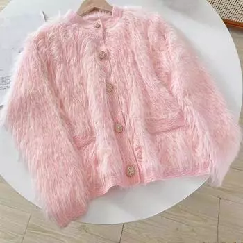 2024 осень и зима новый свитер женская куртка светская львица сладкий маленький аромат имитация норки с длинными рукавами вязаный кардиган женский one size fits all зелёный