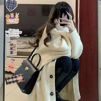 2024 осень и зима новый свитер женский ленивый ветер милый мягкий восковой сладкий молочный абрикос большой размер свитер с V-образным вырезом кардиган прилив one size fits all