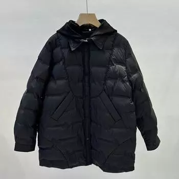 2024 осень и зима новый свободный клеевой средний и длинный белый утиный пух съемная вязаная шапка пуховик женская теплая куртка M чёрный