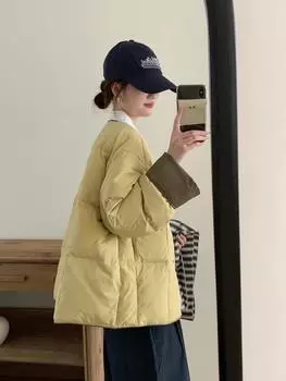 2024 осень и зима новый свободный однобортный пуховик с круглым вырезом в тон цвета небольшой простой короткий женский пуховик average size 80-75kg