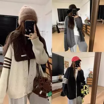 2024 осень и зима новый свободный повседневный универсальный ленивый ветер V-образный вырез с длинными рукавами трикотажный свитер куртка one size fits all абрикосовый