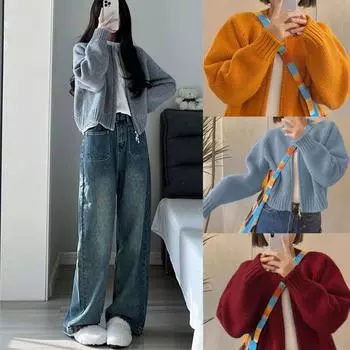 2024 осень и зима новый свободный серый короткий свитер куртка женская утолщенная молния длинный рукав трикотажный кардиган топ One size серый