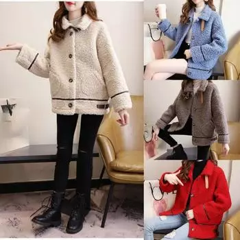 2024 осень и зима новый свободный свитер утолщенный студенческий лацкан топ кардиган из овечьей шерсти куртка женская M