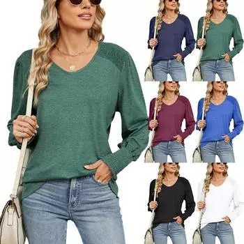 2024 Осень и зима Новый свободный V-образный вырез рукава-фонарика свободная плиссированная футболка женский топ S белый