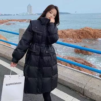 2024 осень и зима новый темно-синий пуховик женский средний и длинный выше колена свободная талия белый утиный пух теплая куртка прилив S светло-зеленый