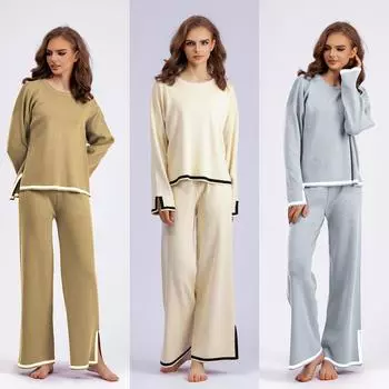 2024 осень и зима новый темперамент контрастные цвета разрезной длинный рукав трикотажный костюм высокая талия и тонкие широкие брюки комплект из двух предметов One size fits all чёрный