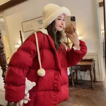 2024 осень и зима новый трикотажный пуховик с капюшоном из белого утиного пуха женский средний и длинный большой размер свободное пальто S хаки