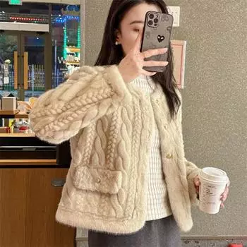 2024 осень и зима новый твист норковый меховой топ женский круглый вырез маленькая ароматная короткая имитация норки бархатная шуба женская S (within 50kg)