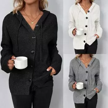 2024 осень и зима новый вязаный кардиган куртка женская однотонная с капюшоном однобортный женский джемпер S серый