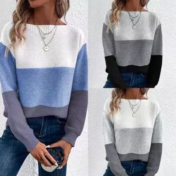 2024 осень и зима новый вязаный свитер женский контрастного цвета с круглым вырезом и длинными рукавами пуловер S чёрный/белый