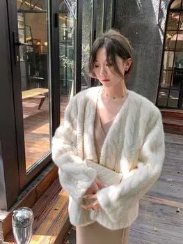 2024 осень и зима новый Xiaoxiangfeng искусственный мех норки куртка V-образный вырез хлопок утолщенный свободный кардиган с V-образным вырезом плетение S 80-60 kg