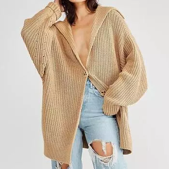 2024 осень и зима, новый женский однотонный вязаный кардиган с карманами и лацканами на пуговицах, куртка средней длины S хаки