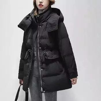 2024 осень и зима новый женский пуховик средней и высокой талии с капюшоном утолщенное модное пальто S чёрный