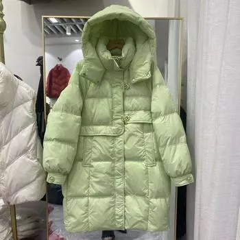 2024 осень и зима новый женский пуховик средней и длинной длины с воротником-стойкой и капюшоном с роговой пряжкой белый утиный пух корейская версия модное пальто прилив S recommends 90-62.5 kg to wear белый
