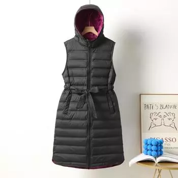 2024 осень и зима новый женский пуховый жилет средней и длинной длины повседневный модный пояс белый утиный пуховый жилет с капюшоном куртка прилив M кофейный