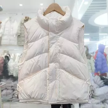 2024 осень и зима новый женский пуховый жилет с воротником-стойкой универсальный свободный жилет на молнии белый утиный пух жилет женский S чёрный