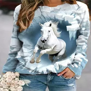 2024 Осень и зима Новый женский реглан с длинным рукавом 3D милый животный принт повседневный пуловер Y2K свободная женская футболка S