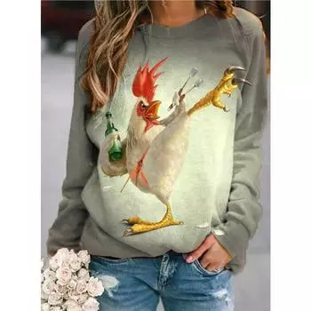 2024 Осень и зима Новый женский реглан с длинным рукавом 3D милый животный принт повседневный пуловер Y2K свободная женская футболка M