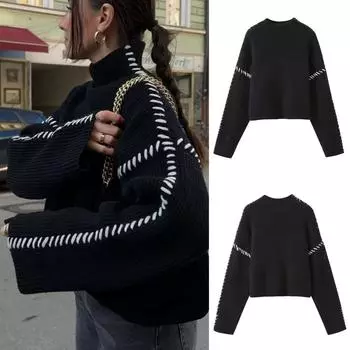 2024 осень и зима новый женский свитер с круглым вырезом вязаный свитер теплый универсальный контрастный цвет сращивание линия свитер S чёрный