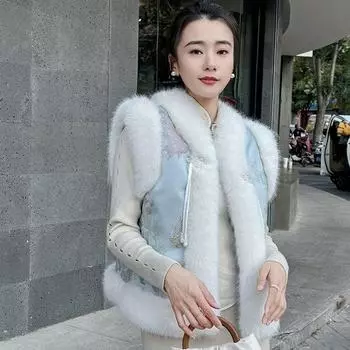 2024 осень и зима новый жилет в китайском стиле куртка из искусственного меха лисы в национальном стиле молодежный модный жилет жилет S recommended 80-55kg светло-синий