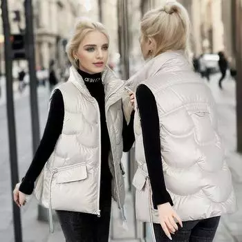 2024 осень и зима новый золотой глянцевый хлопковый жилет женский короткий корейский вариант свободный жилет прямая трансляция L чёрный