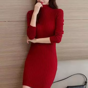 2024 Осень и зима облегающее трикотажное платье для женщин модные винтажные платья с длинным рукавом женские элегантные теплые офисные женские повседневные свитера 31033 S чёрный