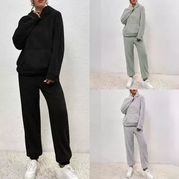 2024 осень и зима однотонная женская одежда с капюшоном и длинными рукавами, наклейка, сумка, повседневные брюки, домашний комплект из двух предметов XS серый