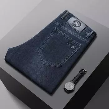 2024 Осень и зима Плотные мужские деловые джинсы высокого качества, средняя талия, эластичные, облегающие, прямые, свободные, повседневные брюки 29
