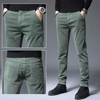 2024 Осень и зима Плюс Плотный бархат облегающие вельветовые повседневные брюки для мужчин, свободные осенние полосатые бархатные брюки для мужчин 28 чёрный