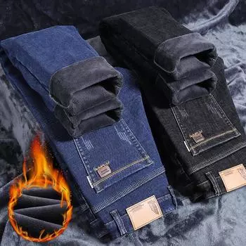 2024 Осень и зима Плюс Плюшевые толстые джинсы мужские теплые и свободные прямые брюки с мехом повседневные брюки 28 темно-синий