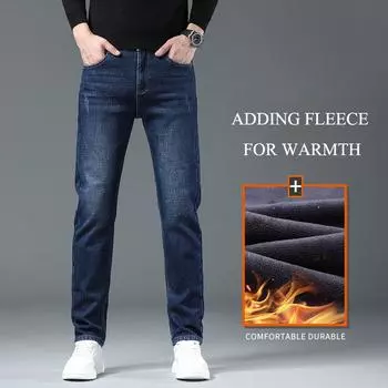 2024 Осень и зима Плюс Плюшевые толстые джинсы мужские теплые и свободные прямые брюки с мехом повседневные брюки 28