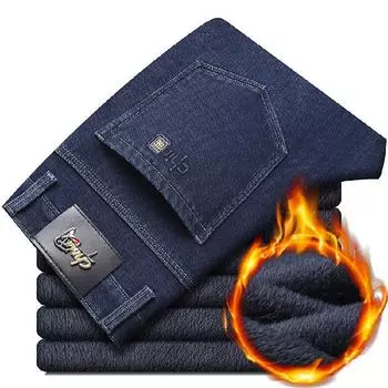 2024 Осень и зима Плюс Плюшевые толстые мужские джинсы с высокой талией эластичные прямые свободные повседневные джинсовые флисовые брюки универсальные 29