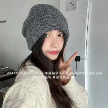 2024 осень и зима простая однотонная вязаная шапка повседневная универсальная большая окружность головы шерстяная шапка защита ушей теплая женская M56-58cm темно-серого