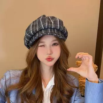 2024 осень и зима ретро клетчатая облачная восьмиугольная шляпа женская большая окружность головы показывает лицо маленький клетчатый джинсовый берет M56-58cm светло-синий