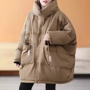 2024 осень и зима с капюшоном средней и длинной сращивания подвеска пух большой размер свободный большой размер белый утиный пух хлеб женский One Size чёрный