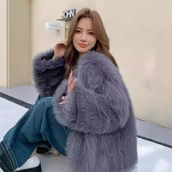 2024 осень и зима серый мех лисы тока меховая куртка двубортная женская одежда большой размер свободная плюшевая одежда S серый