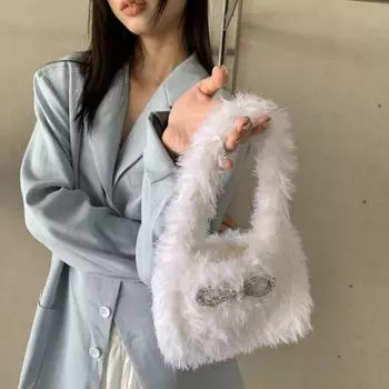 2024 осень и зима симпатичная сумка на одно плечо новая пушистая сумка с бантом для пельменей женская сумка на запястье подмышкой небесно-голубой