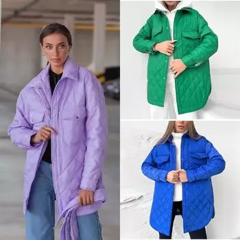 2024 осень и зима сотня утолщенный хлопок пальто женское длинный отрезок пряжка лацкан свободный теплый ромбовидный сетчатый хлопок одежда новый S зелёный