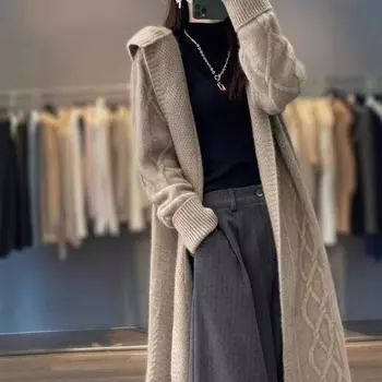 2024 осень и зима среднее и длинное пальто с капюшоном женское до колена вязаный свободный свитер вязаный свитер куртка кардиган прилив S чёрный