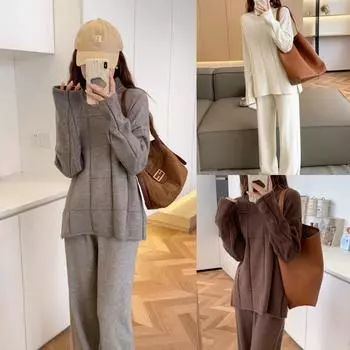 2024 осень и зима свободный и универсальный вязаный свитер женский с высокой талией вертикальный прямой повседневный трикотажные повседневные брюки комплект из двух предметов one size fits all серый
