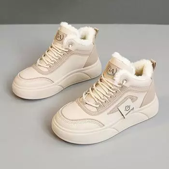 2024 Осень и зима Теплая хлопковая обувь Сращивание женская обувь Бордовые туфли с бархатной студенческой износостойкой толстой подошвой 35 белый