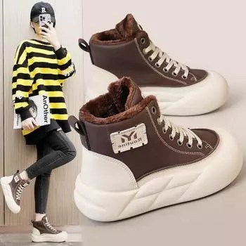 2024 Осень и зима толстая подошва женская хлопковая обувь подходящего цвета с высоким верхом теплая и ворсистая простая студенческая обувь 35 малиновый