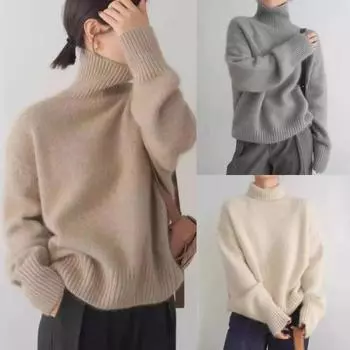 2024 Осень и зима утолщенный кашемировый свитер с высоким воротом женский пуловер джемпер теплая свободная ленивая вязка нижняя часть рубашки пальто S чёрный