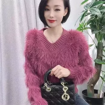 2024 осень и зима утолщенный v-образный вырез иностранный стиль модный дизайн sense ins норковый бархат ретро длинный рукав свитер женский S 85-47.5 kg