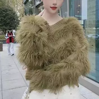 2024 осень и зима утолщенный v-образный вырез иностранный стиль модный дизайн sense ins вода имитация норки ретро длинный рукав свитер 2XL 130-70 kg