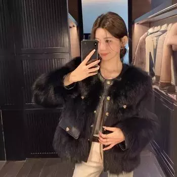 2024 Осень и зима Взрывная шуба из лисьего меха, Мода, Мех норки, Простые классные женские, Повседневный британский стиль S чёрный