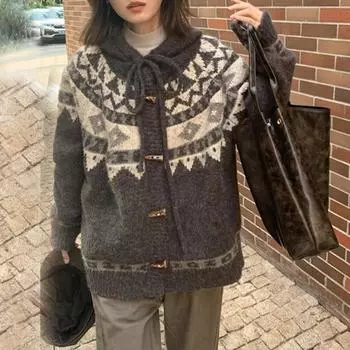 2024 Осень и зима вязаный свитер с капюшоном новый винтажный утолщенный кардиган свободные свитера куртка модные повседневные пальто с длинным рукавом 2043 S