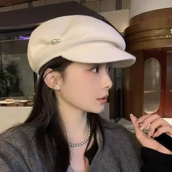 2024 осень и зима высококачественный берет из чистой шерсти с жемчугом для женщин 2024 новая осенне-зимняя модная шапка газетчика высокого класса average size (54-59cm) серый