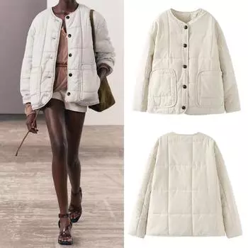 2024 осень и зима женская модная квадратная хлопковая куртка женская повседневная куртка с круглым вырезом и длинными рукавами с карманами и баской XS чёрный